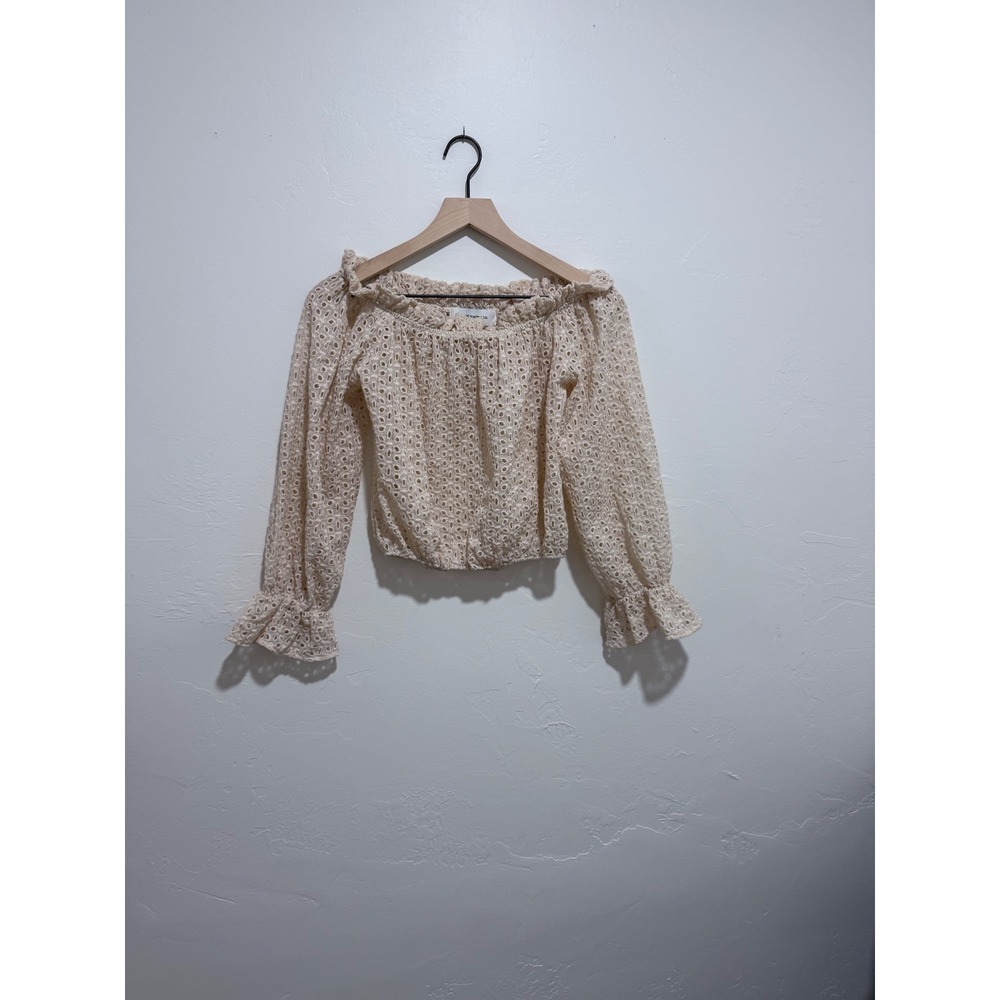 Boho Cream Eyelet Off Shoulder Crop Top Flowy Sleeve Cottagecore Vintage Style